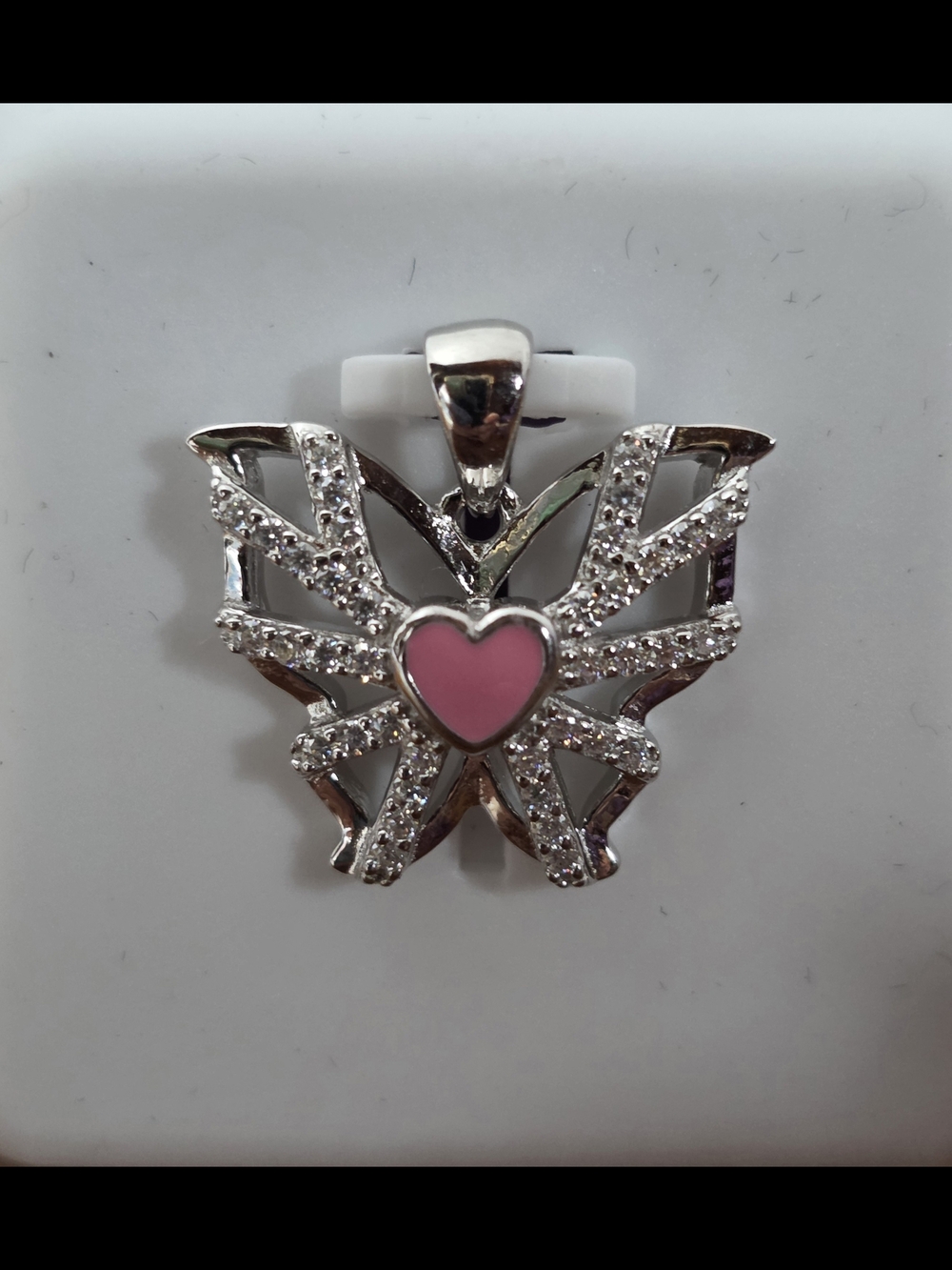 925 Sterling Silver Butterfly Pendant with, Moissanite Pink Heart Accent 1ct